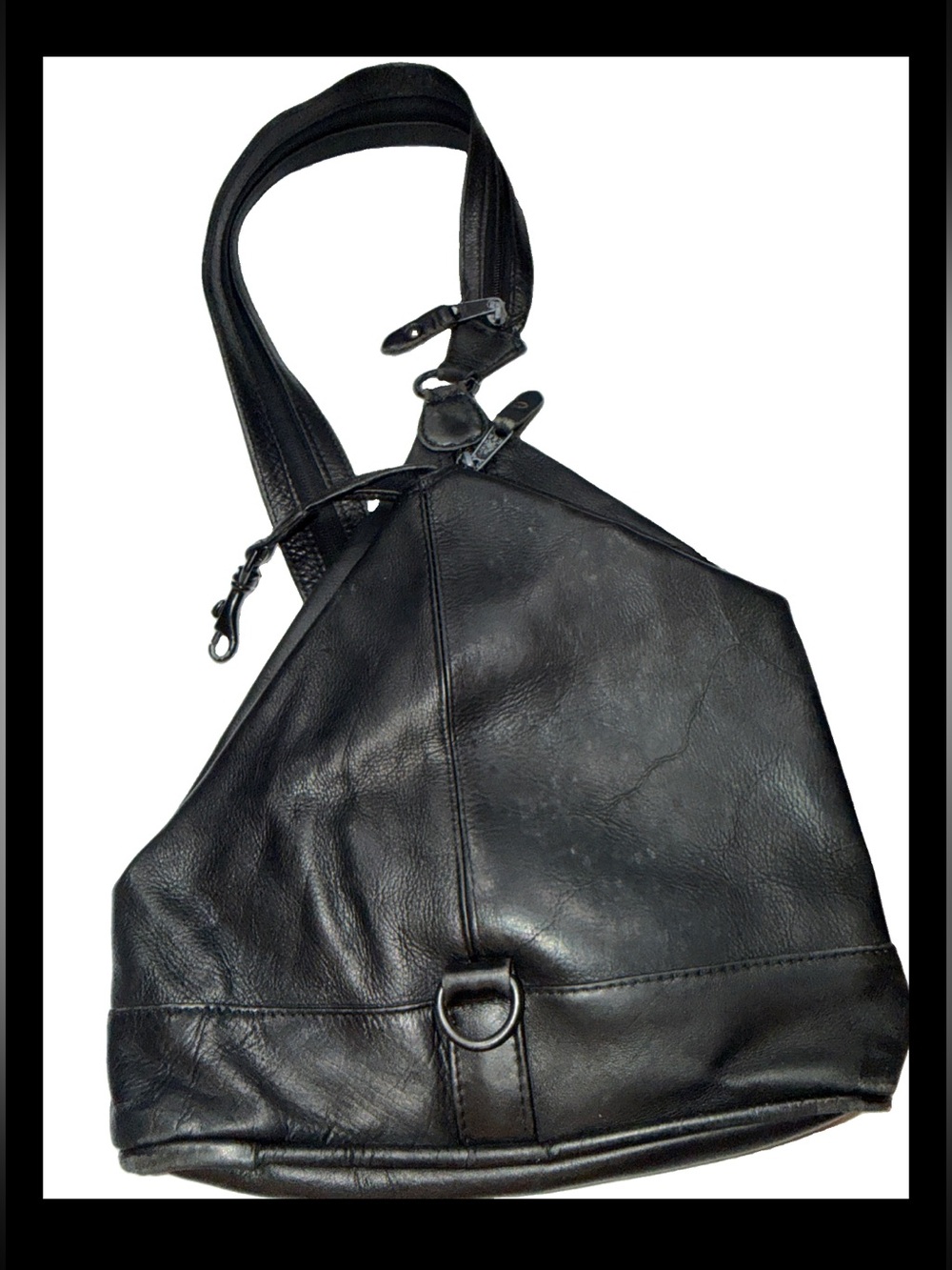 Vintage BLACK Leather Convertible Backpack Sling BAG Festival Travel BACKPACK